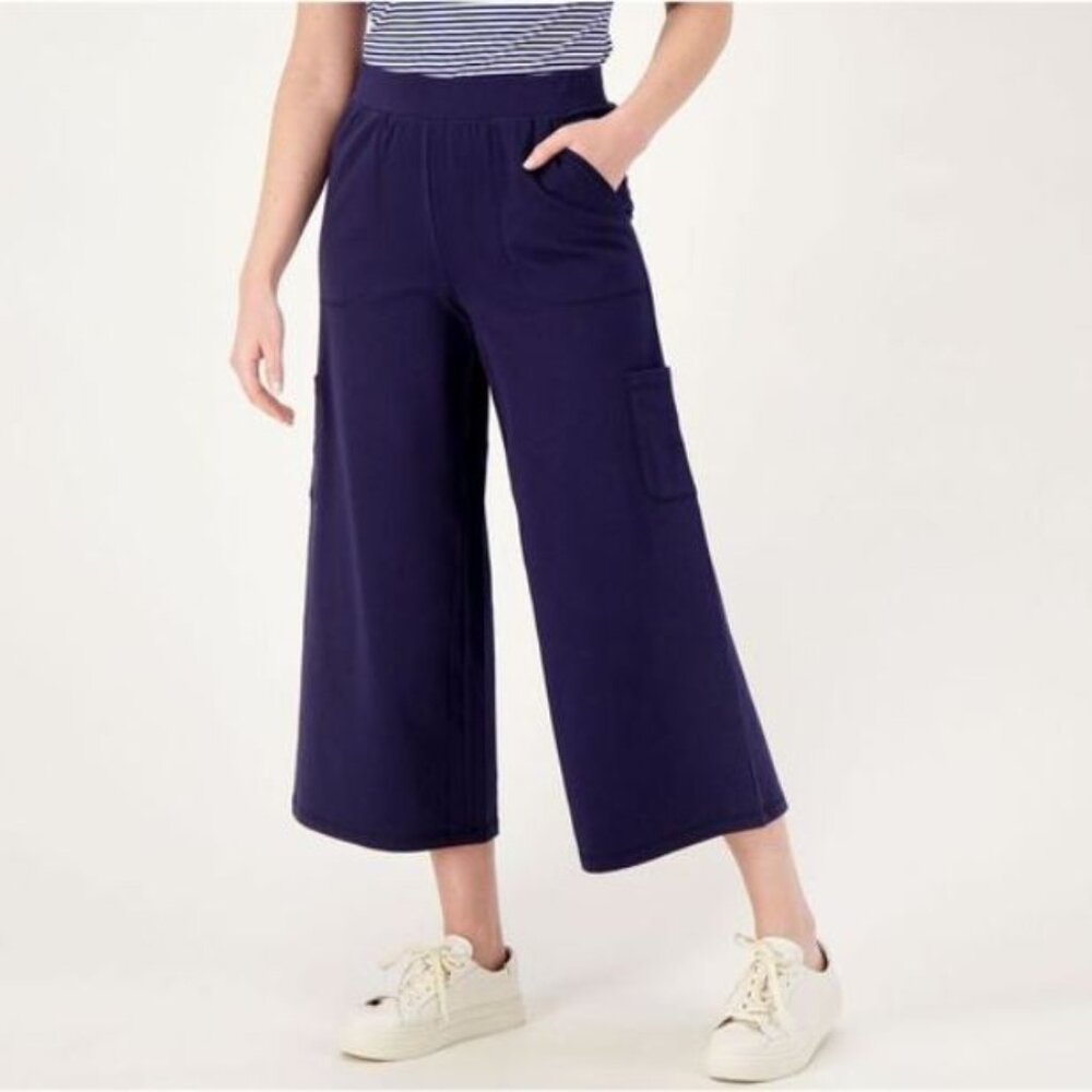 Isaac Mizrahi Live Soho Regular French Terry Cargo Crop Pants Dark Navy-Medium